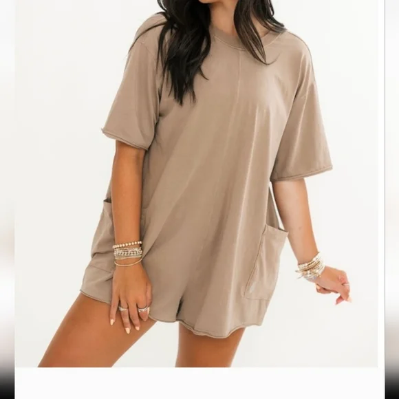 Free People FP Movement Women's Hot Shot Tee Romper Tan Jumpsuit Mocha Latte - Picture 14 of 16